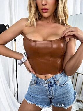 NWOT SHEIN Brown Faux Leather Corset Cropped Tube Top Zip Back